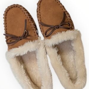 JCREW 9 Women's Leather Suede Slippers with Cream Fur Lining